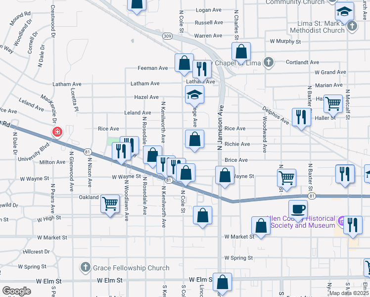 map of restaurants, bars, coffee shops, grocery stores, and more near 1175 Richie Avenue in Lima