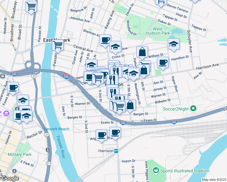 map of restaurants, bars, coffee shops, grocery stores, and more near 15 Frank E Rodgers Blvd S in Harrison