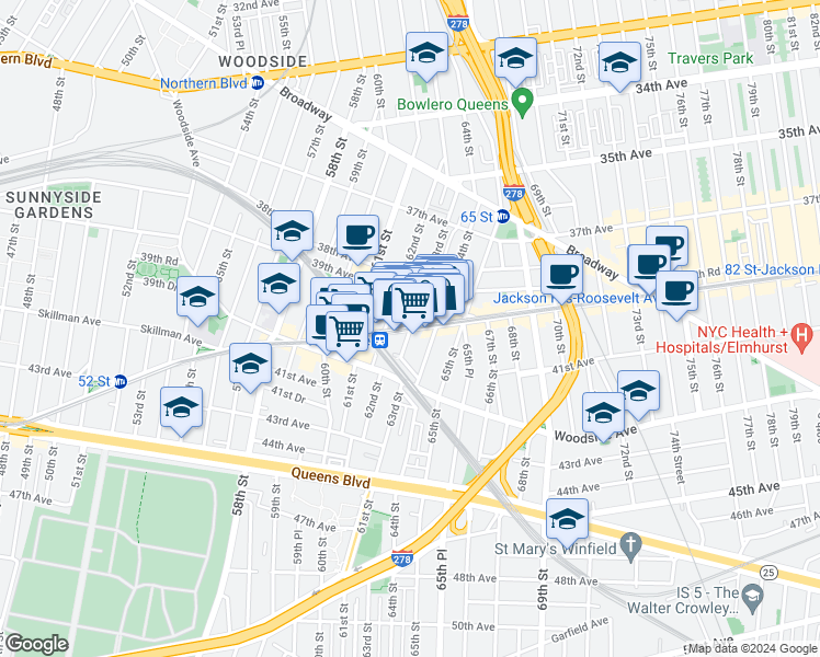 map of restaurants, bars, coffee shops, grocery stores, and more near 63rd Street in Queens