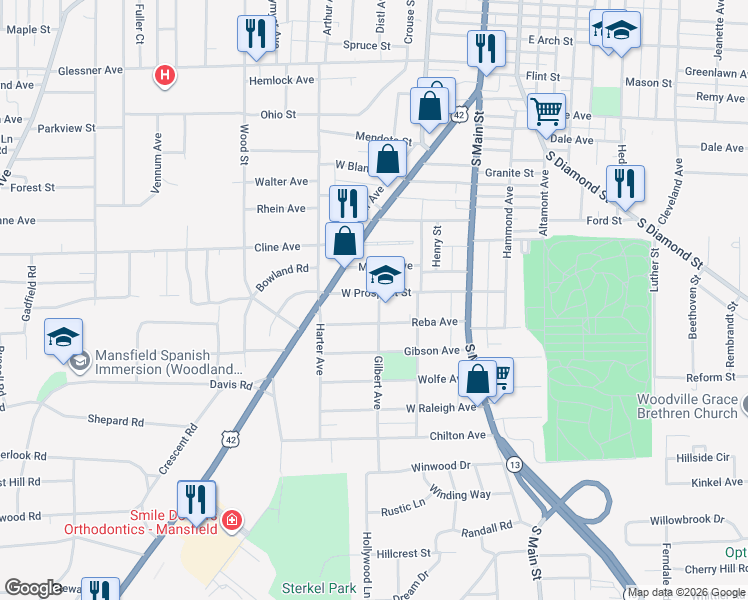 map of restaurants, bars, coffee shops, grocery stores, and more near 117 West Prospect Street in Mansfield