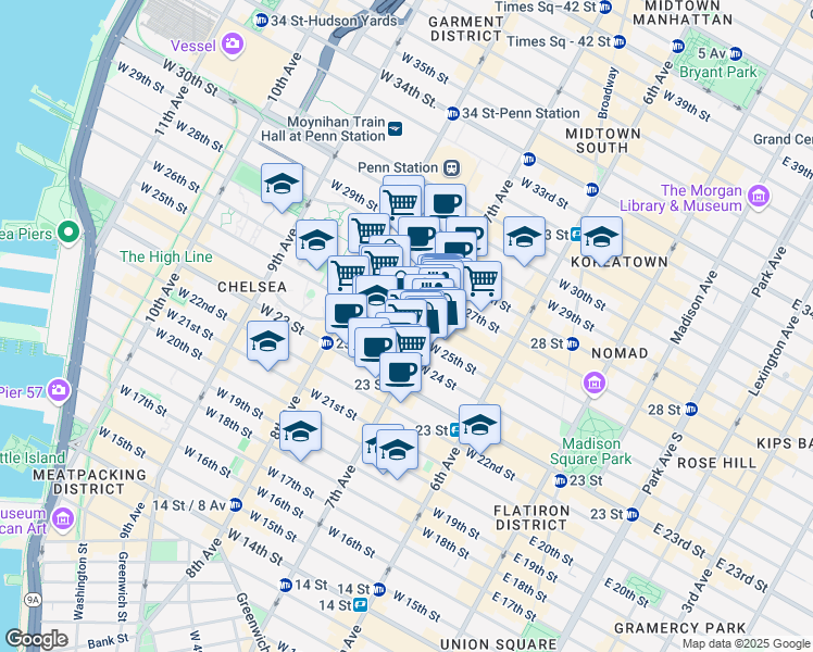 map of restaurants, bars, coffee shops, grocery stores, and more near 220w West 26th Street in New York