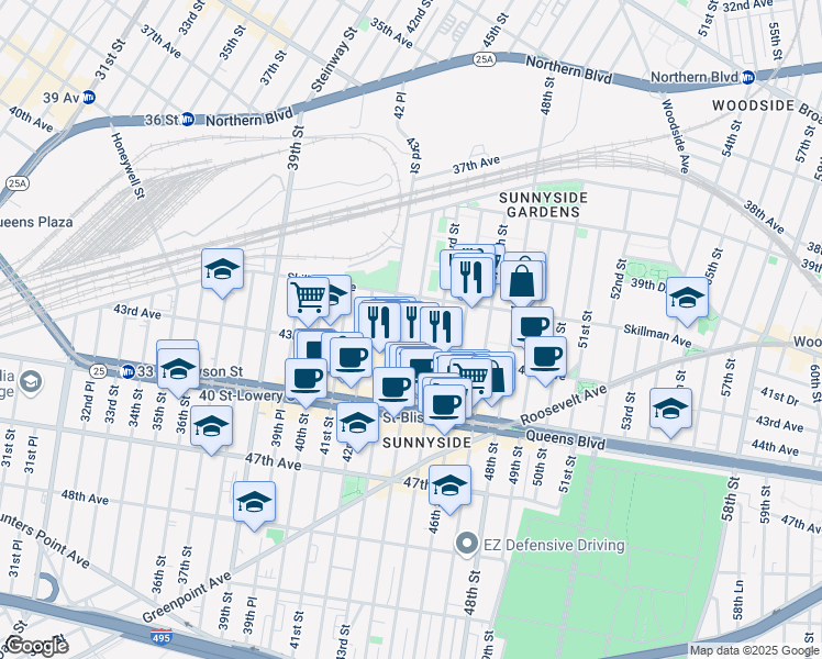 map of restaurants, bars, coffee shops, grocery stores, and more near 41-26 44th Street in Queens