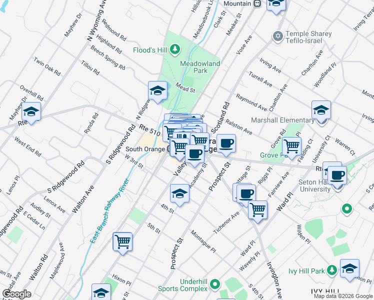 map of restaurants, bars, coffee shops, grocery stores, and more near 14 Route 510 in South Orange