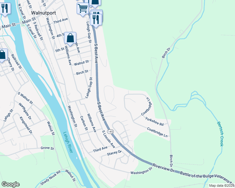 map of restaurants, bars, coffee shops, grocery stores, and more near 9 View Drive in Walnutport