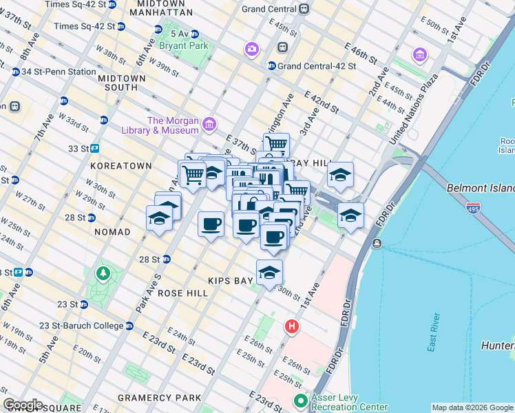 map of restaurants, bars, coffee shops, grocery stores, and more near 168 East 34th Street in New York