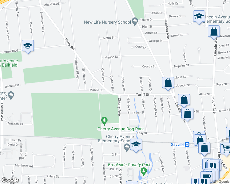 map of restaurants, bars, coffee shops, grocery stores, and more near 501 Durham Road in Sayville