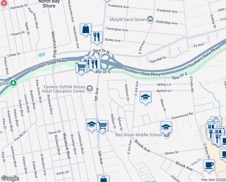 map of restaurants, bars, coffee shops, grocery stores, and more near 20 Dartmouth Drive in Bay Shore