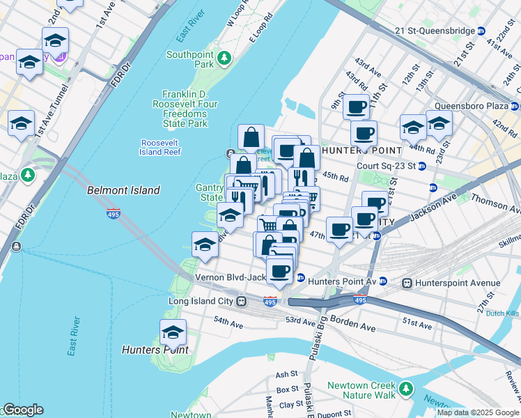 map of restaurants, bars, coffee shops, grocery stores, and more near 1-59 47th Avenue in Queens