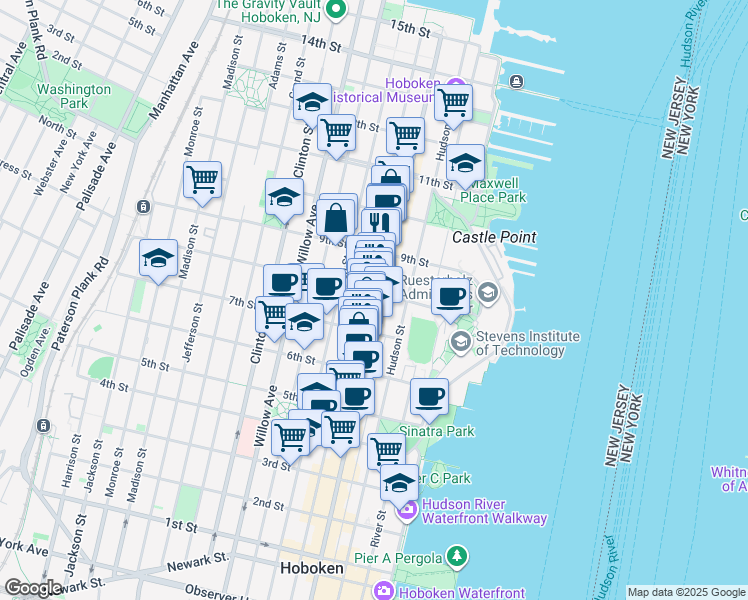 map of restaurants, bars, coffee shops, grocery stores, and more near 799 Washington Street in Hoboken