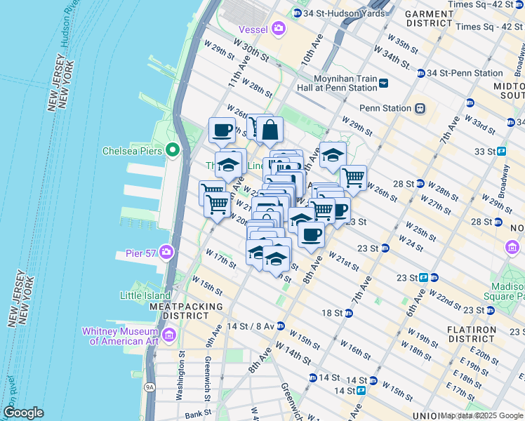 map of restaurants, bars, coffee shops, grocery stores, and more near 414 West 22nd Street in New York