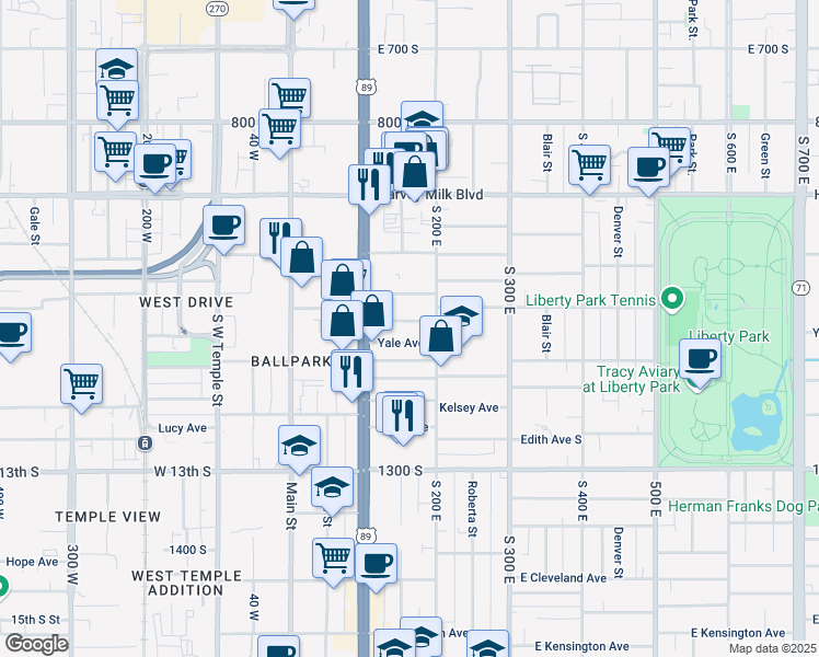 map of restaurants, bars, coffee shops, grocery stores, and more near 154 Herbert Avenue South in Salt Lake City
