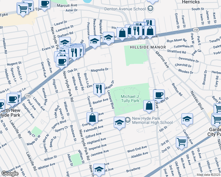 map of restaurants, bars, coffee shops, grocery stores, and more near 54 Maple Drive in New Hyde Park