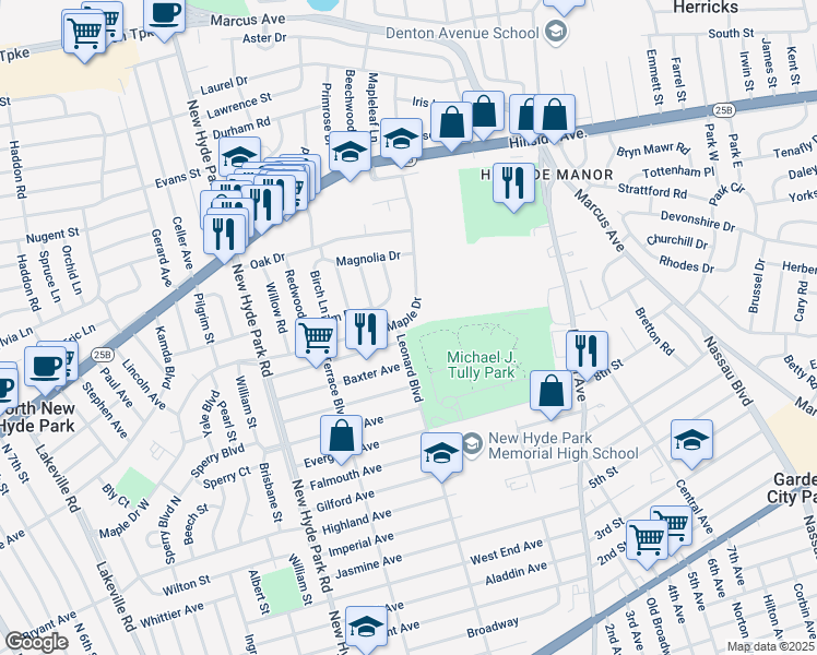 map of restaurants, bars, coffee shops, grocery stores, and more near 54 Maple Drive in New Hyde Park
