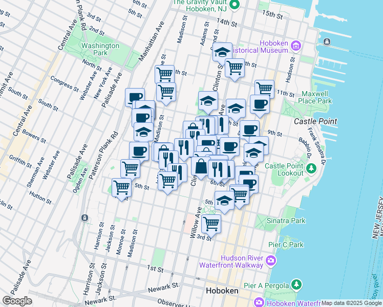 map of restaurants, bars, coffee shops, grocery stores, and more near 701 Grand Street in Hoboken