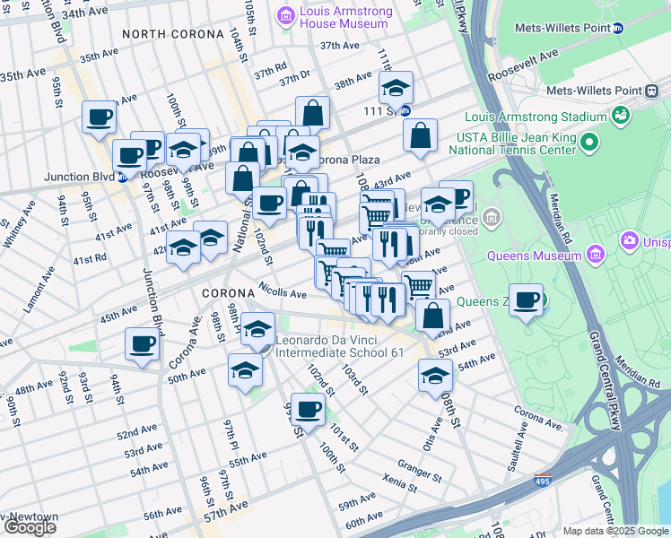 map of restaurants, bars, coffee shops, grocery stores, and more near 41 Seaver Way in Queens
