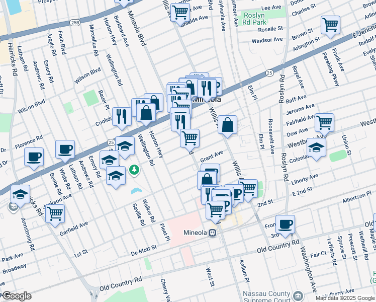 map of restaurants, bars, coffee shops, grocery stores, and more near 220 Mineola Boulevard in Mineola