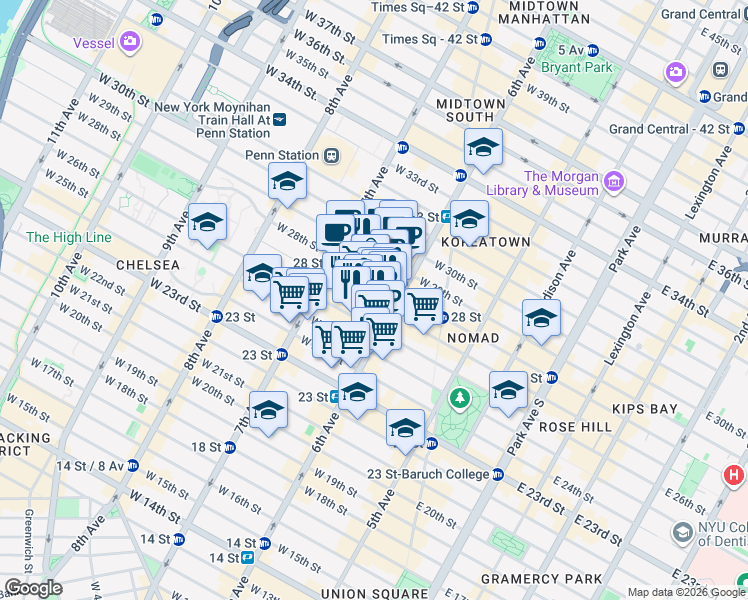 map of restaurants, bars, coffee shops, grocery stores, and more near 121 West 27th Street in New York