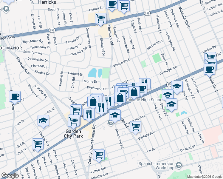 map of restaurants, bars, coffee shops, grocery stores, and more near 3 Herricks Road in Mineola