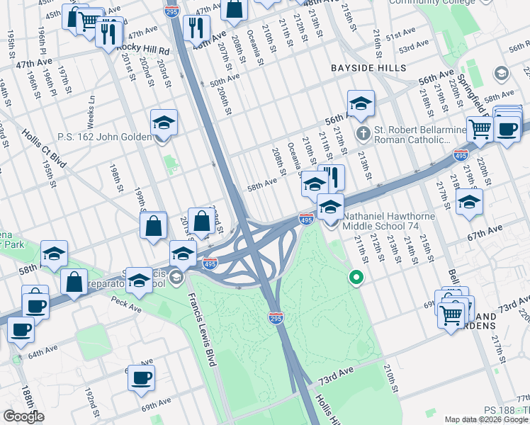 map of restaurants, bars, coffee shops, grocery stores, and more near 58-33 Clearview Expressway in Queens