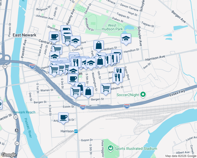 map of restaurants, bars, coffee shops, grocery stores, and more near 28 1/2 Washington Street in Harrison