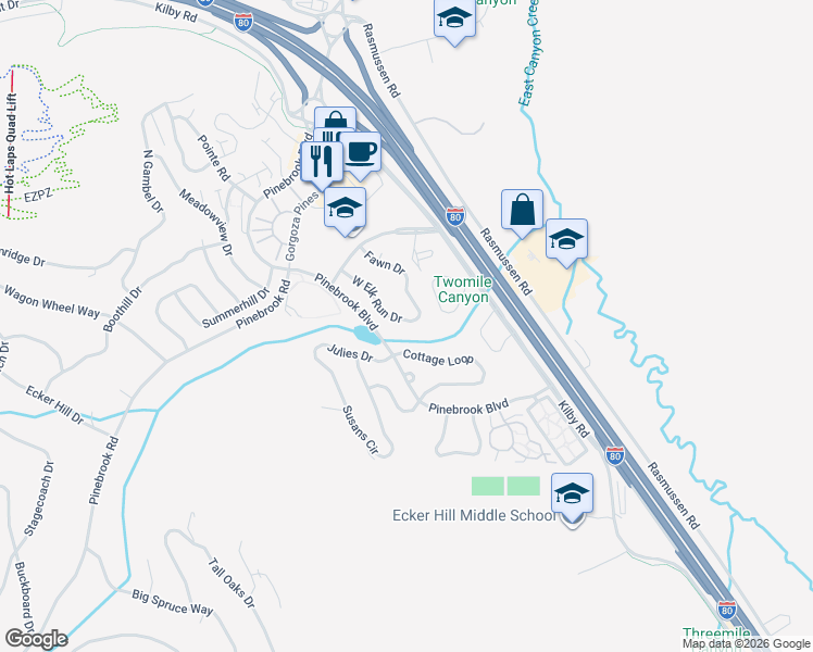 map of restaurants, bars, coffee shops, grocery stores, and more near 3041 West Elk Run Drive in Park City