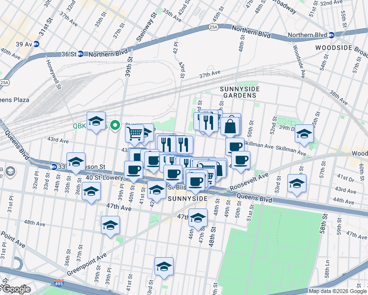 map of restaurants, bars, coffee shops, grocery stores, and more near 41-26 44th Street in Queens