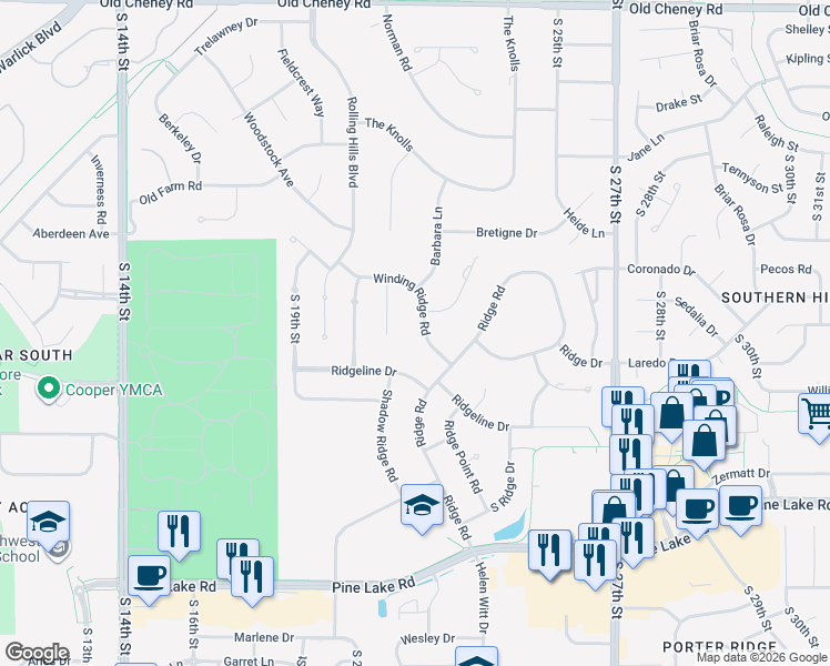 map of restaurants, bars, coffee shops, grocery stores, and more near 2315 Winding Ridge Road in Lincoln