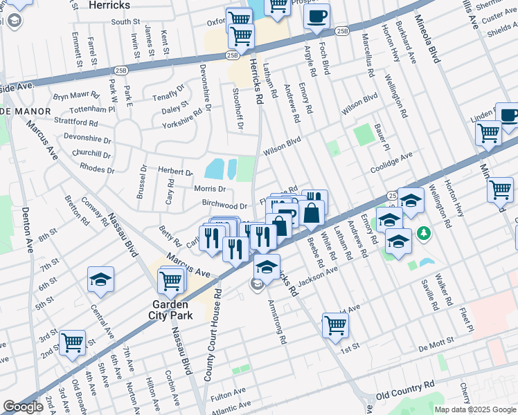 map of restaurants, bars, coffee shops, grocery stores, and more near 3 Herricks Road in Mineola