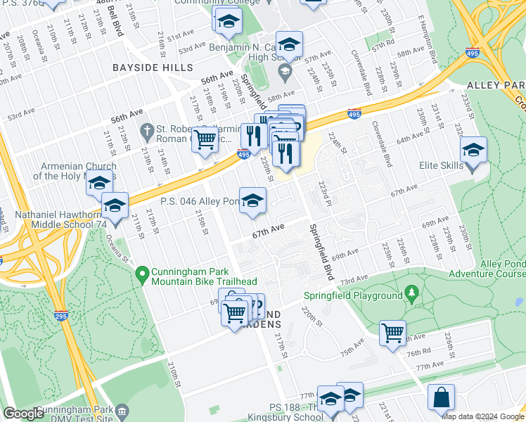 map of restaurants, bars, coffee shops, grocery stores, and more near 64-19 219th Street in Queens
