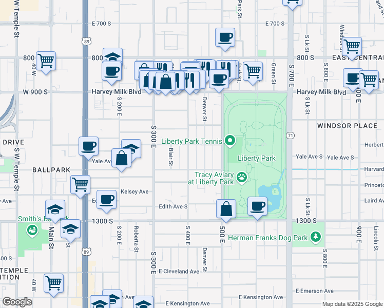 map of restaurants, bars, coffee shops, grocery stores, and more near 1067 South 400 East in Salt Lake City