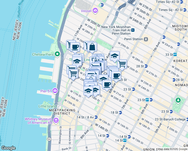 map of restaurants, bars, coffee shops, grocery stores, and more near 412 West 22nd Street in New York