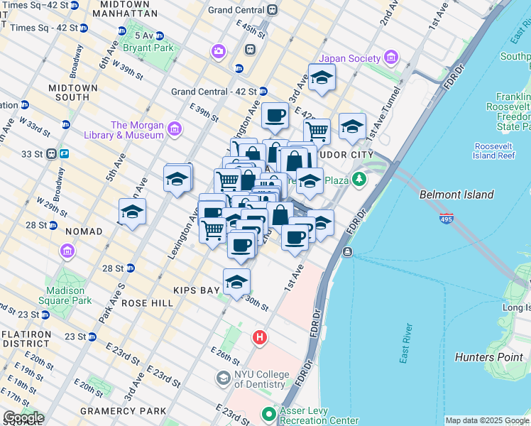 map of restaurants, bars, coffee shops, grocery stores, and more near 649 2nd Avenue in New York