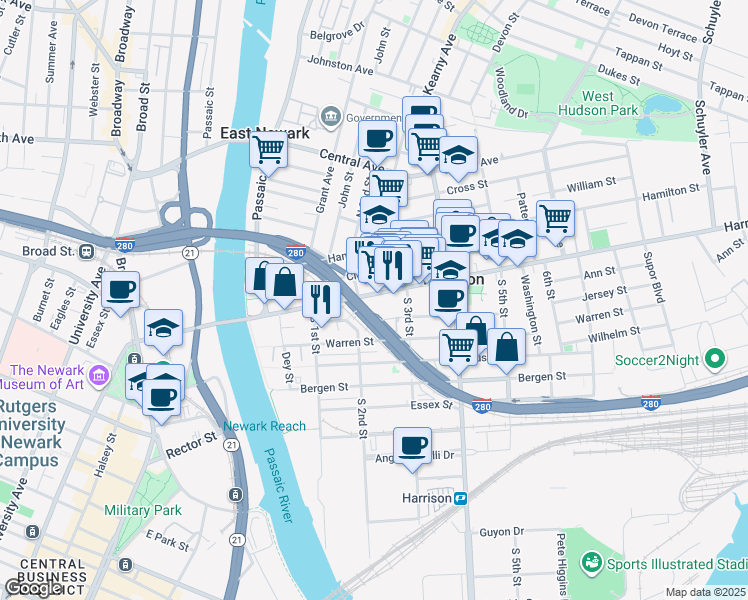 map of restaurants, bars, coffee shops, grocery stores, and more near in Harrison