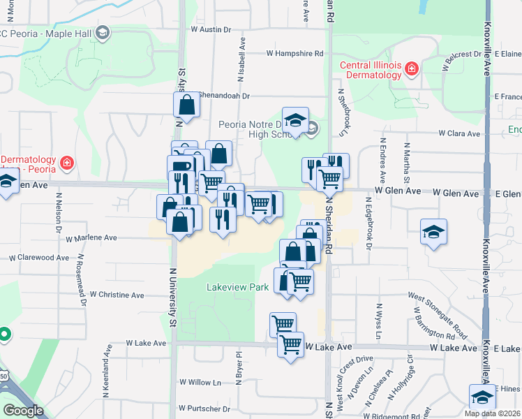 map of restaurants, bars, coffee shops, grocery stores, and more near 4819 Fairview Place in Peoria