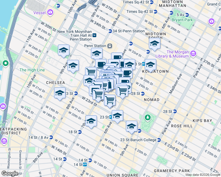 map of restaurants, bars, coffee shops, grocery stores, and more near 159 West 26th Street in New York