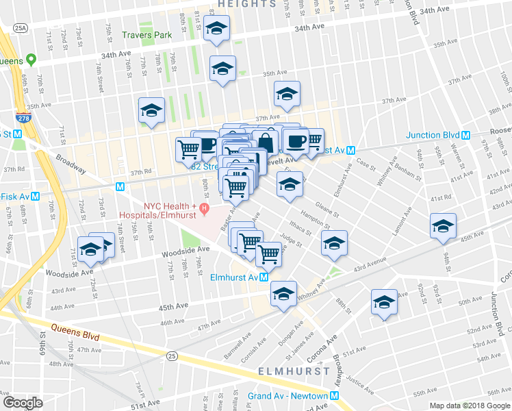 map of restaurants, bars, coffee shops, grocery stores, and more near 40-30 Ithaca Street in Queens