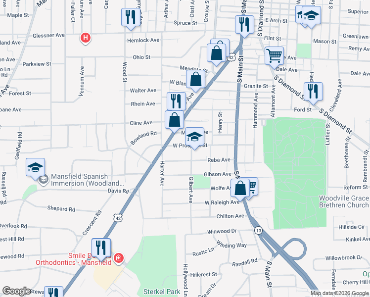 map of restaurants, bars, coffee shops, grocery stores, and more near 117 West Prospect Street in Mansfield