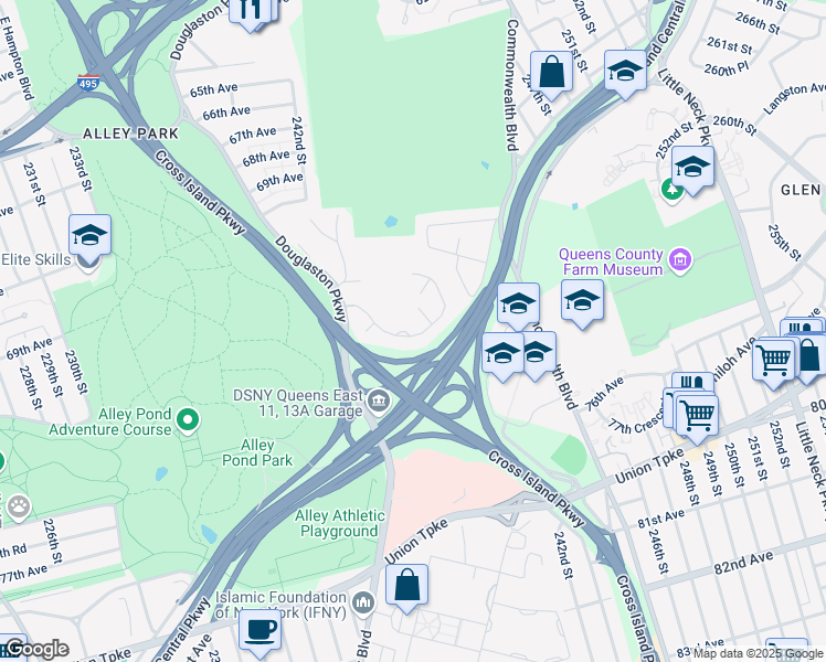 map of restaurants, bars, coffee shops, grocery stores, and more near 29 Oak Park Drive in Queens