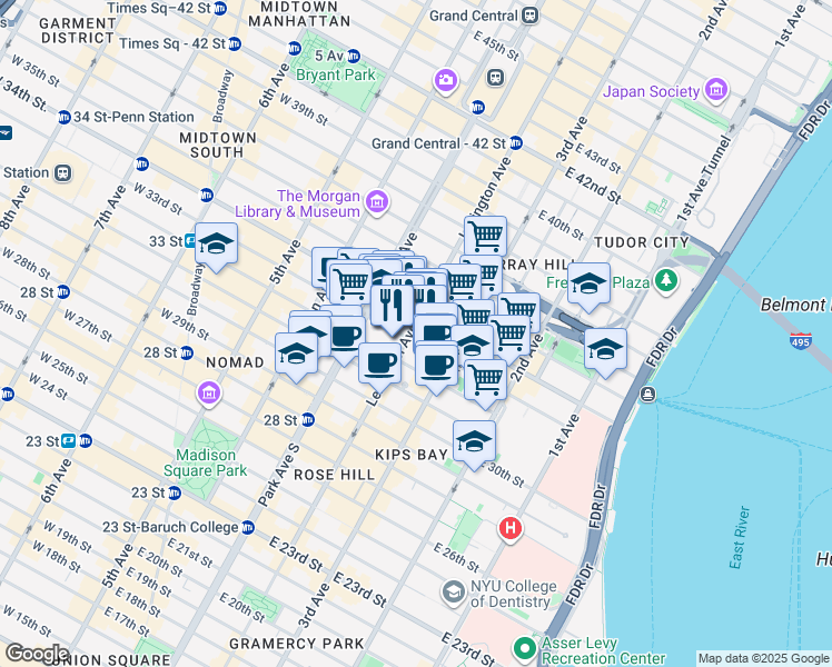 map of restaurants, bars, coffee shops, grocery stores, and more near 221 Lexington Avenue in New York