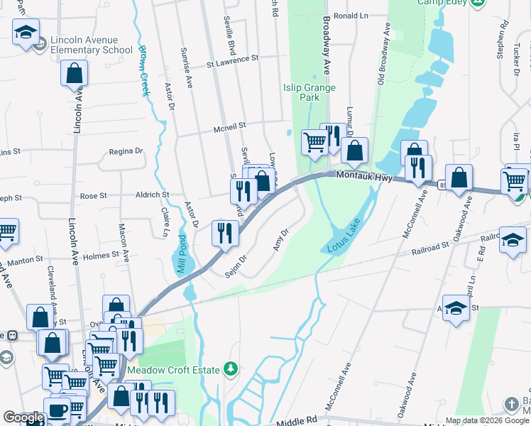 map of restaurants, bars, coffee shops, grocery stores, and more near 73 Sejon Drive in Sayville