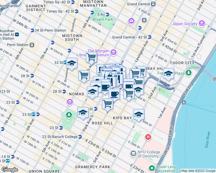 map of restaurants, bars, coffee shops, grocery stores, and more near 250 Park Avenue in New York