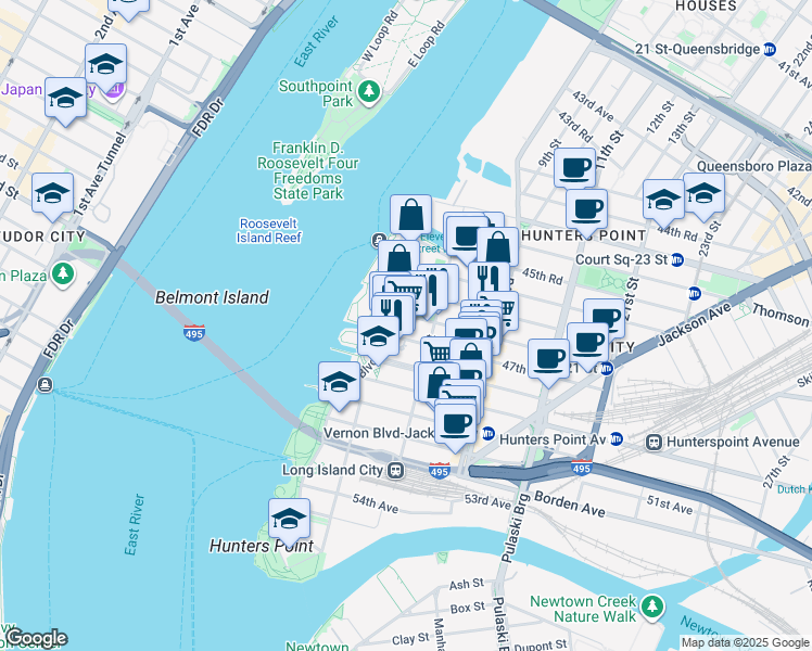 map of restaurants, bars, coffee shops, grocery stores, and more near 1-59 47th Avenue in Queens
