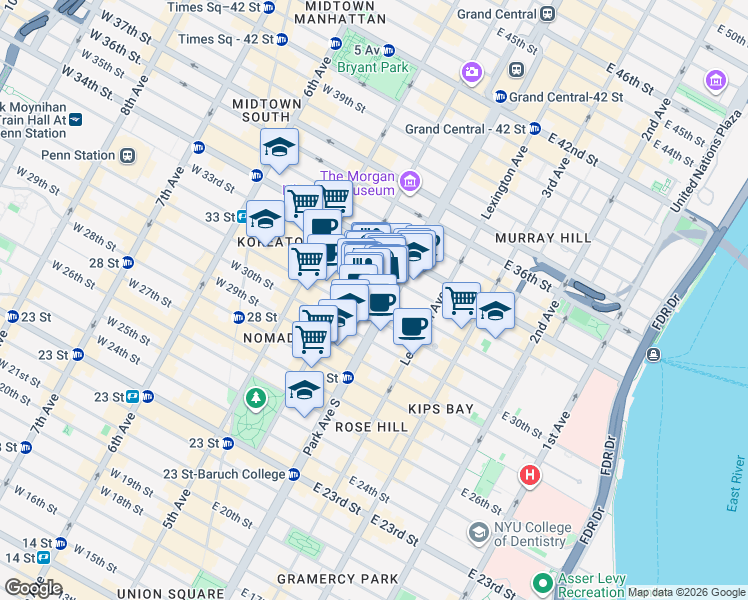 map of restaurants, bars, coffee shops, grocery stores, and more near 38 East 32nd Street in New York