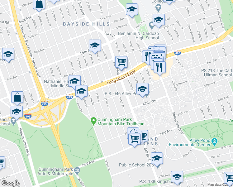 map of restaurants, bars, coffee shops, grocery stores, and more near 214-17 64th Avenue in Queens