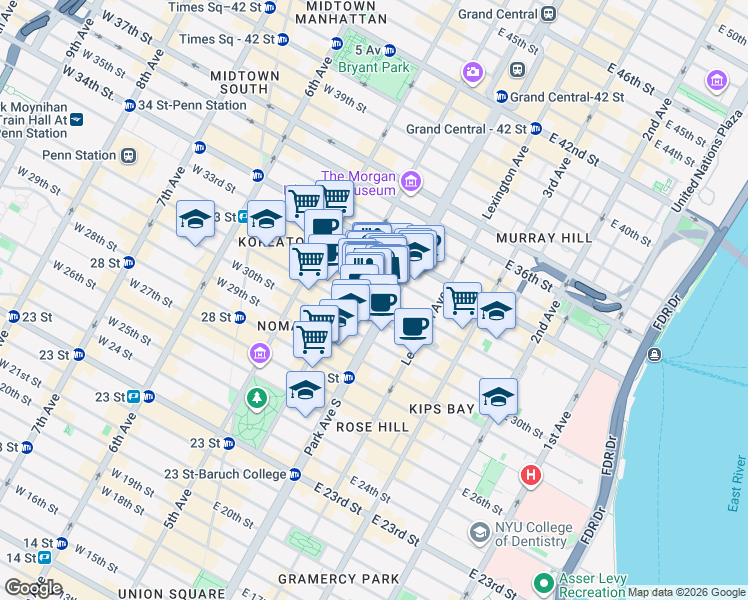 map of restaurants, bars, coffee shops, grocery stores, and more near 44e East 32nd Street in New York