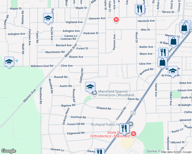 map of restaurants, bars, coffee shops, grocery stores, and more near 448 Midland Drive in Mansfield