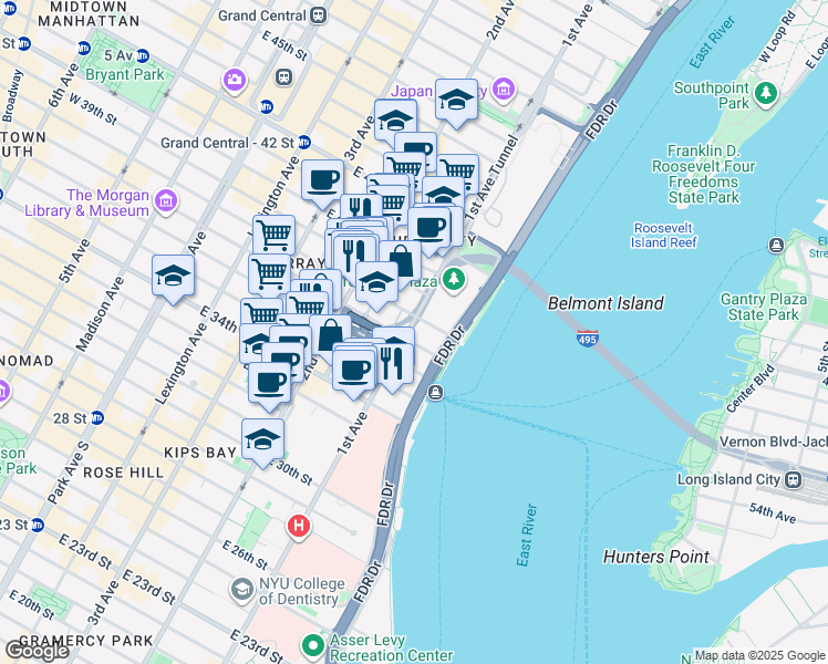 map of restaurants, bars, coffee shops, grocery stores, and more near 330 East 37th Street in New York