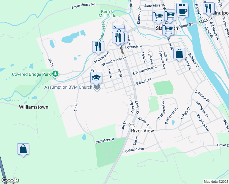 map of restaurants, bars, coffee shops, grocery stores, and more near 501 West South Street in Slatington