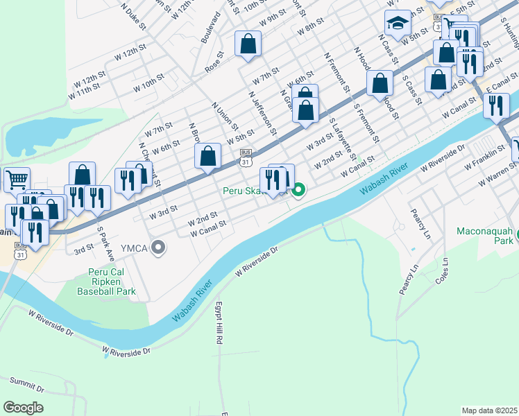 map of restaurants, bars, coffee shops, grocery stores, and more near 451 West Canal Street in Peru