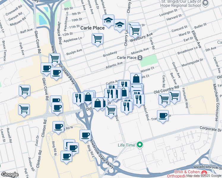 map of restaurants, bars, coffee shops, grocery stores, and more near 307 Wright Avenue in Carle Place